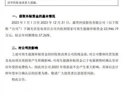 露笑科技：2025年收到国家可再生能源补贴资金2.59亿元