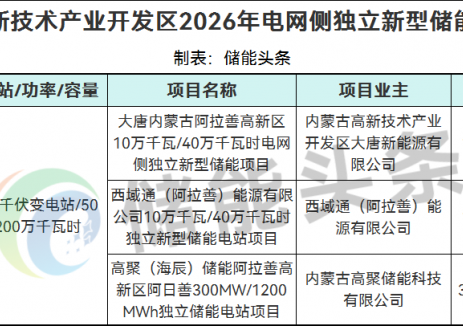 内蒙古阿拉善高新技术产业开发区2026年电网侧独立新型储能项目优选结果公示