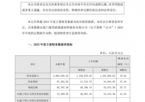 厦钨新能2025年净利7.55亿元，同比增长41.83%