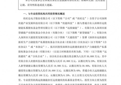 欣旺达子公司拟与专业投资机构共同投资合伙企业