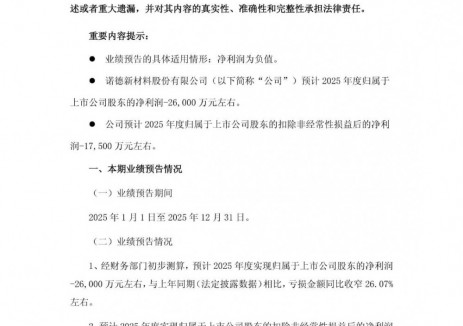 诺德股份预计2025年度归母净亏损2.6亿元