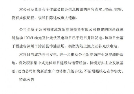 漳州发展100MW集中式光伏并网发电