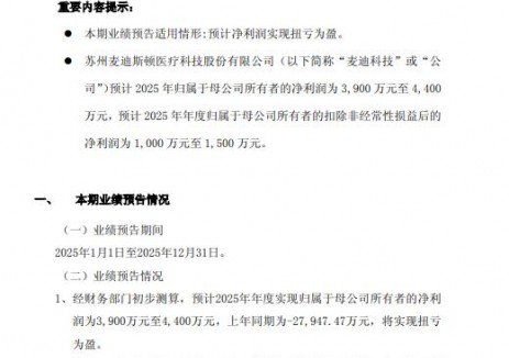 麦迪科技:2025年预计净利润3900-4400万元