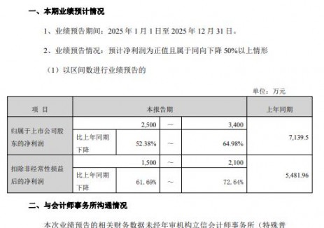 通灵股份：2025年预计净利润2500-3400万元