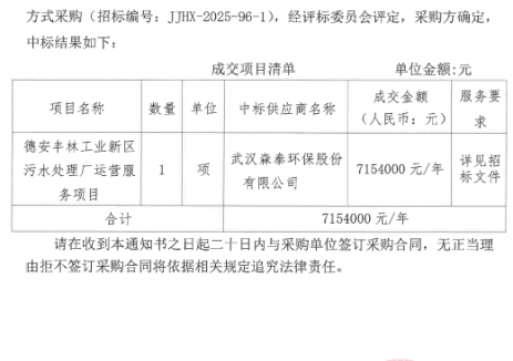 华赣森泰成功中标德安丰林工业新区污水处理厂运营服务项目