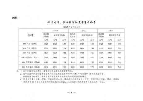 四川油价：自2026年2月3日24时起一价区92号汽油最高零售价为7.04元/升