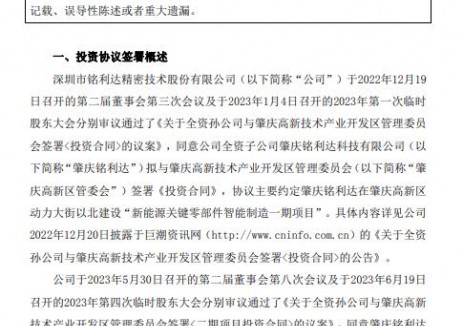 铭利达终止投资建设肇庆新能源关键零部件智能制造项目