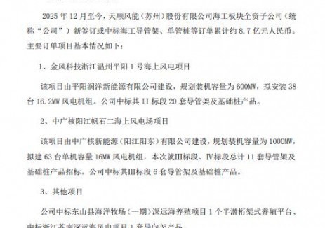 天顺风能获3个海上风电项目订单