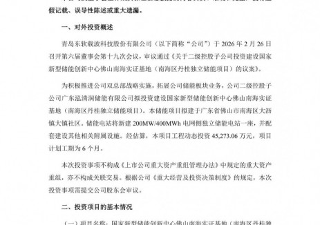 东软载波拟4.53亿元投建储能电站项目