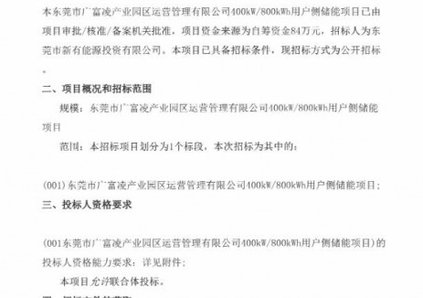 招标 | 广东东莞400kW/800kWh<em>用户侧储能项目</em>招标