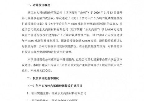 永太科技拟斥资8.2亿元建设5万吨六氟磷酸锂及5000吨新型补锂剂项目