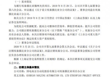 國電南自注銷注銷埃塞俄比亞<em>光伏EPC</em>項(xiàng)目公司