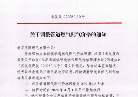 江蘇省淮安市金湖縣發(fā)改委關于調整<em>管道燃</em>氣配氣價格的通知