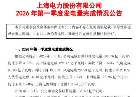 <em>上海電力</em>：2026年一季度風(fēng)電發(fā)電量28.99億千瓦時(shí)