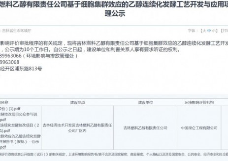 吉林燃料<em>乙醇</em>有限責(zé)任公司<em>乙醇</em>連續(xù)化發(fā)酵工藝開發(fā)與應(yīng)用項(xiàng)目獲受理