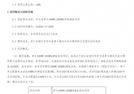招標(biāo) | 浙江省湖州市安吉縣孝豐100MW/200MWh網(wǎng)側(cè)儲(chǔ)能<em>項(xiàng)目招標(biāo)</em>