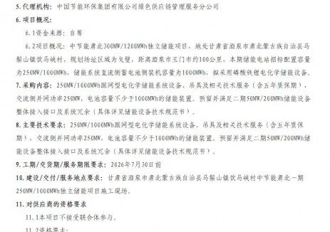 招標(biāo) | 250MW/1000MWh！甘肅馬鬃山<em>儲能</em>設(shè)備采購