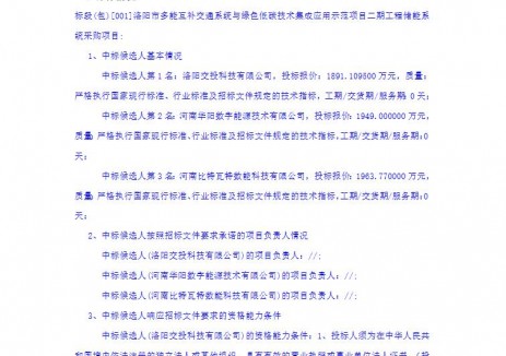 中标 | 河南洛阳市多能互补交通系统与绿色低碳技术集成应用示范项目二期工程储能系统采购中标候选人公示