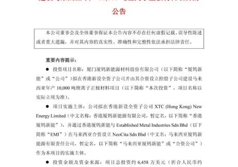 厦钨新能拟设马来西亚合资公司投资4.5亿元建1万吨锂离子正极材料项目