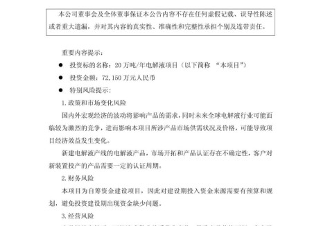 石大胜华拟投建20万吨/年电解液项目