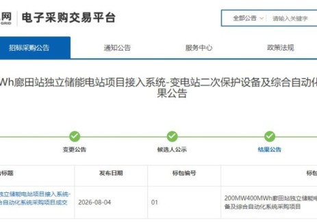 中标 | 200MW400MWh廊田站独立储能电站项目接入系统-变电站二次保护设备及综合自动化系统采购项目成交结果公告