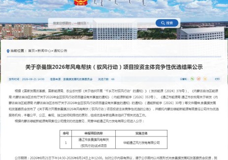内蒙古奈曼旗10MW驭风行动风电项目优选结果公示