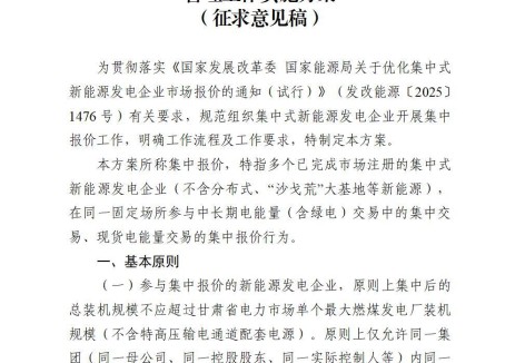 甘肃能源监管办关于征求《甘肃省集中式新能源发电企业市场报价管理工作实施方案（征求意见稿）》意见的公告