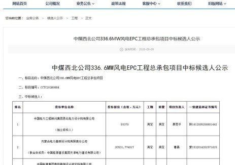 中标 | 中煤西北公司336.6MW风电EPC工程总承包项目中标候选公示