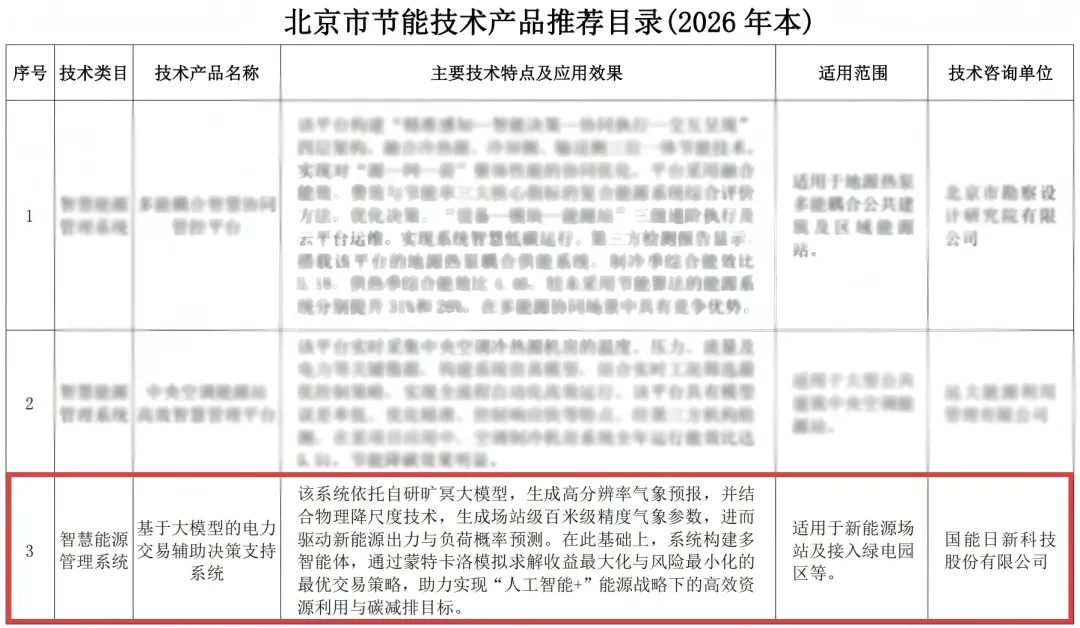 国能日新基于大模型的电力交易辅助决策支持系统入选《北京市节能技术产品推荐目录（2026年本）》