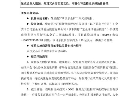 紫金龙净拟投资约1.5亿美元建设苏里南罗斯贝尔金矿二期光储项目