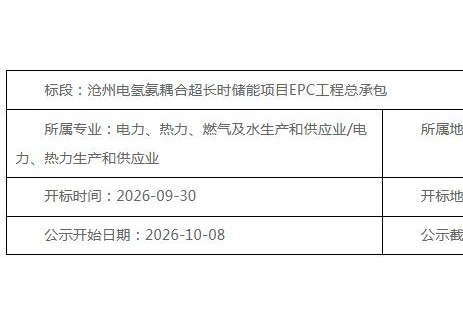 中标 | 河北沧州电氢氨耦合超长时储能项目EPC中标候选人公示