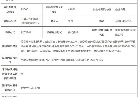 招标 | 河北省衡水市饶阳县100MW/400MWh独立储能电站试点项目EPC总承包招标计划公告发布