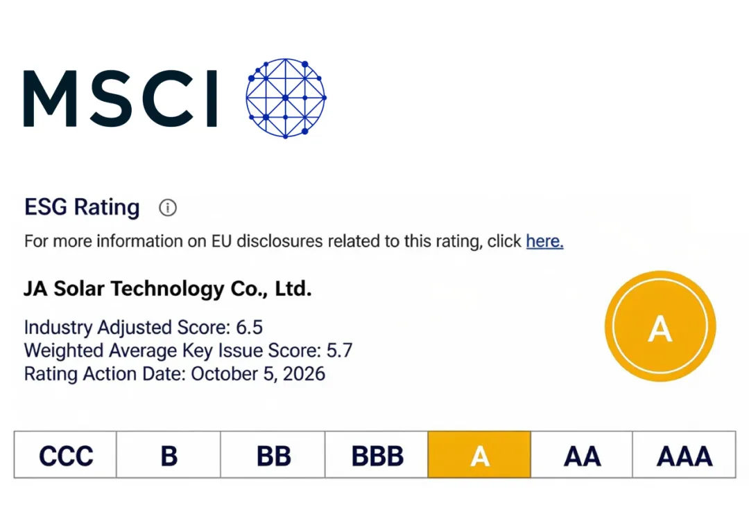 晶澳获评MSCI ESG A级，可持续竞争力获国际认可