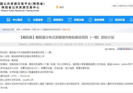 招标 | 投资2701.00万元！陕西省略阳县分布式新能源充电桩建设项目（一期）招标计划发布