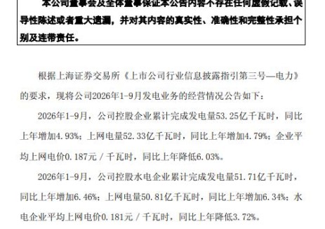 川投能源：2026年1-9月，公司控股光伏发电企业累计完成发电量1.54亿千瓦时