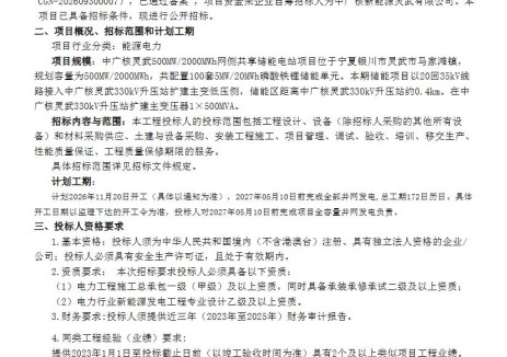 招标 | 500MW/2GWh！宁夏网侧共享储能电站EPC招标！