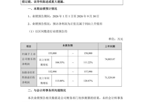 新宙邦预计2026年前三季度实现归母净利润15.30亿元至15.80亿元