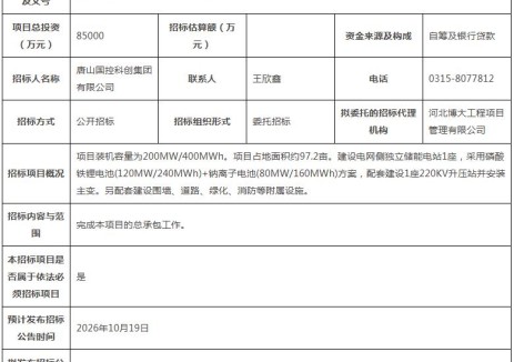 招标 | 200MW/400MWh！河北巨曹妃甸区储能电站总承包招标计划发布