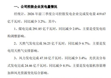 申能股份：2026年前三季度风光发电量71.56亿千瓦时