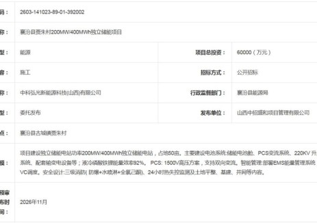 招标 | 山西省临汾市襄汾县贾朱村200MW/400MWh独立储